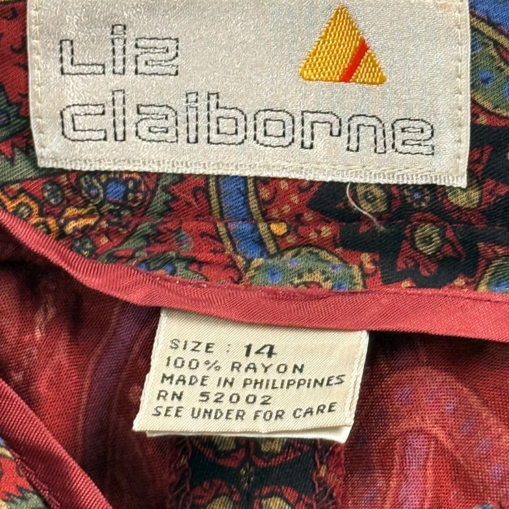 Liz Claiborne Vintage Red Paisley Rayon Midi Skirt Womens 14 A-Line‎ Boho Retro - Picture 3 of 7